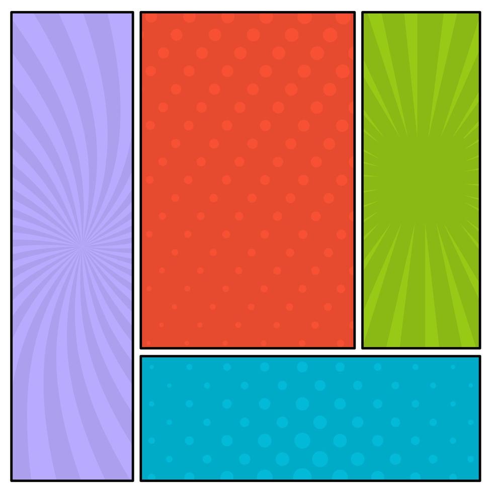 Colorful comic book page background in pop art style. Empty template with rays and dots pattern. Vector illustration