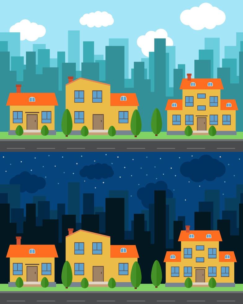 Vector city with cartoon houses and buildings in the day and night. City space with road on flat style background concept.