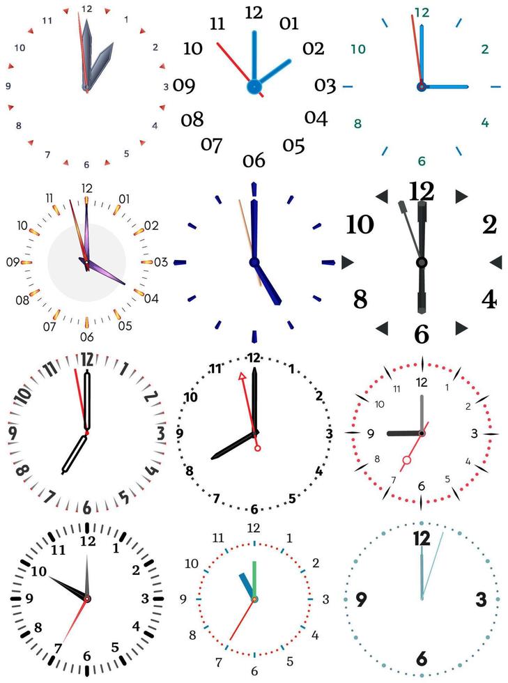 A set of different mechanical clocks with an image of each of the twelve hours. Clock face on white background. vector