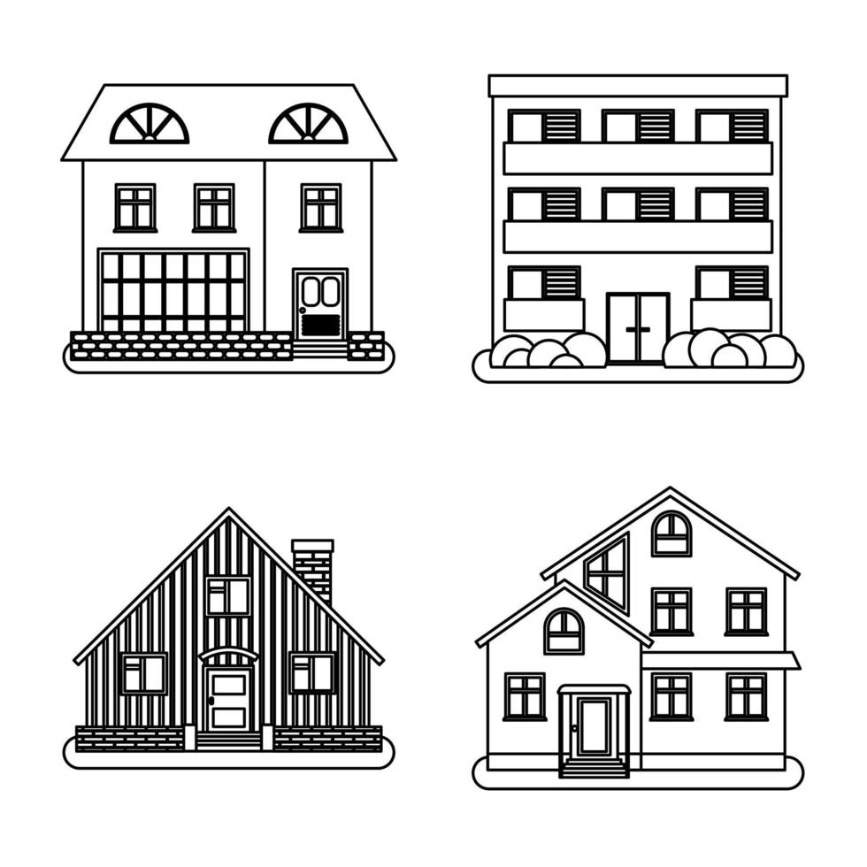 Set of four houses in thin line style on white background. Vector illustration.