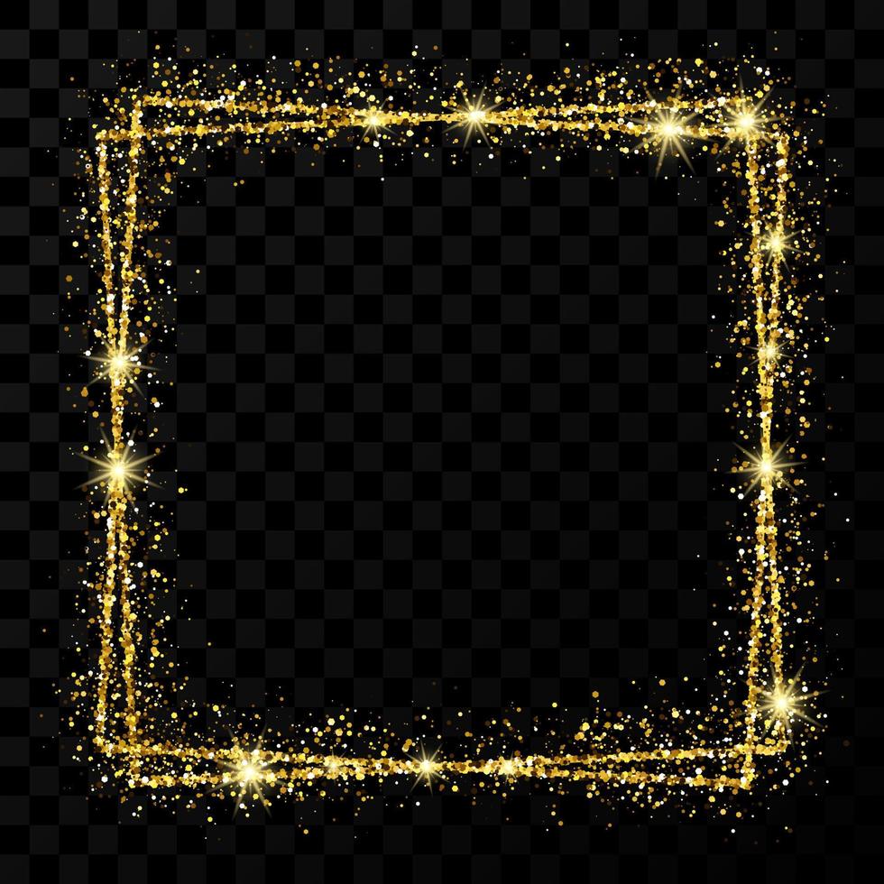 Gold double square frame. Modern shiny frame with light effects isolated on dark vector