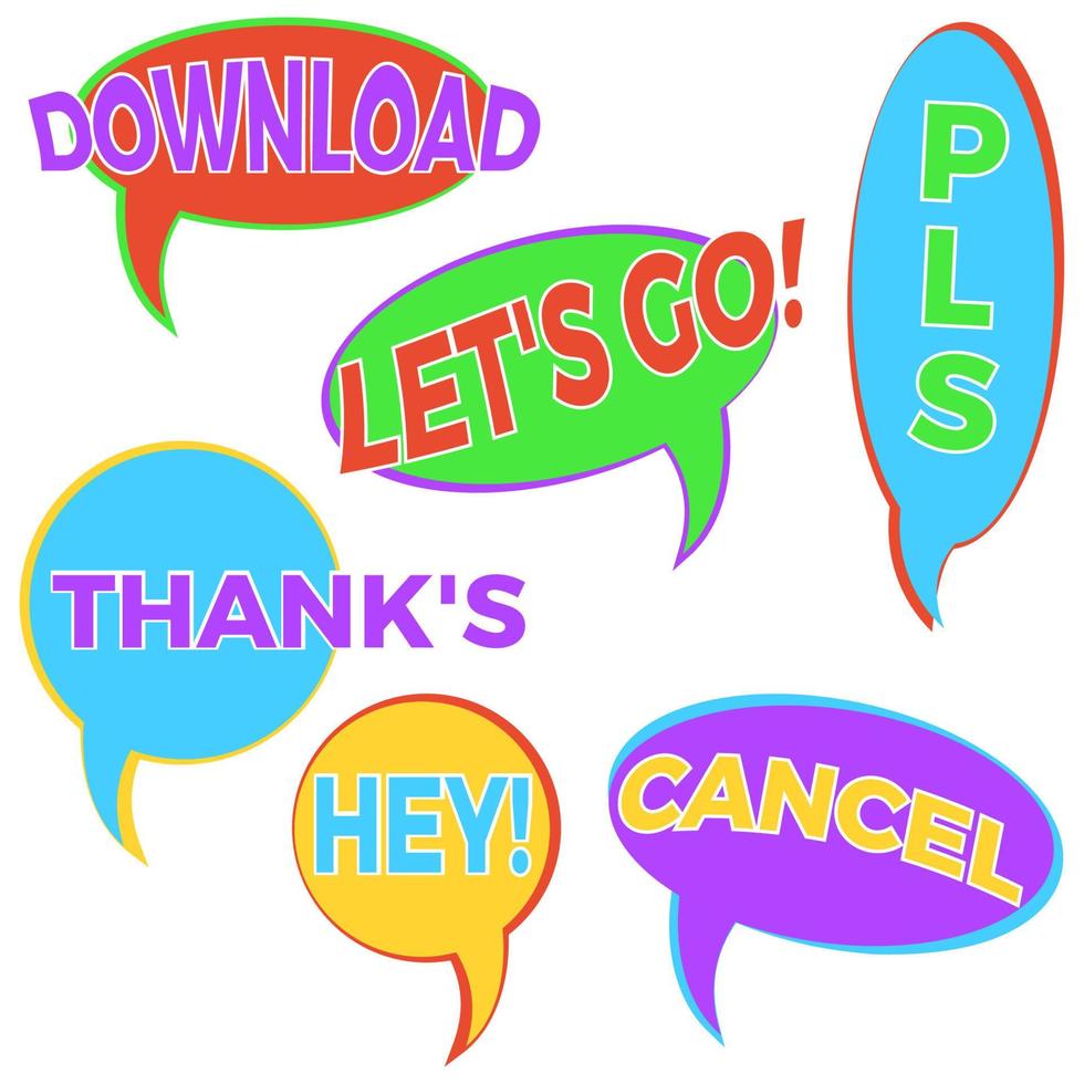 Set of six cartoon comic balloon speech bubbles in flat style. Elements of design comic books with different phrases. Vector illustration