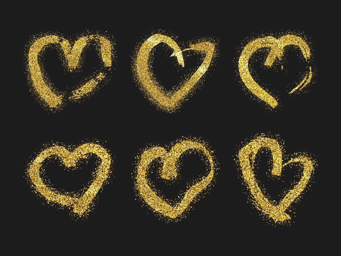 Gold glitter doodle heart on dark background. Set of six gold grunge hand drawn heart. Romantic love symbol. Vector illustration.