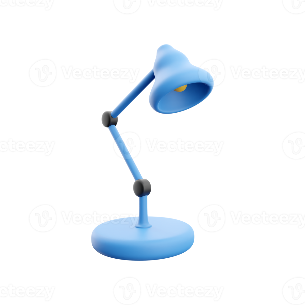 Table lamp 3d icon. Adjustable equipment on blue leg. 3D render desk lamp on white background. 3D rendering desk lamp icon. png