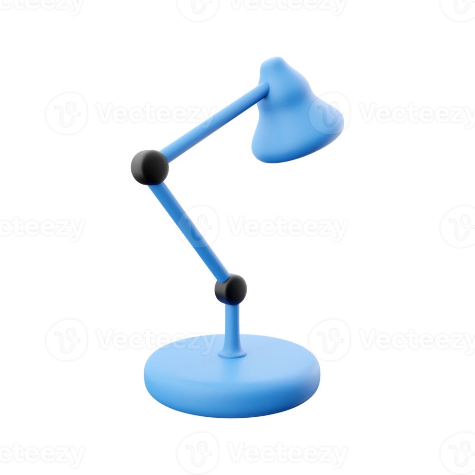 Table lamp 3d icon. Adjustable equipment on blue leg. 3D render desk lamp on white background. 3D rendering desk lamp icon. png