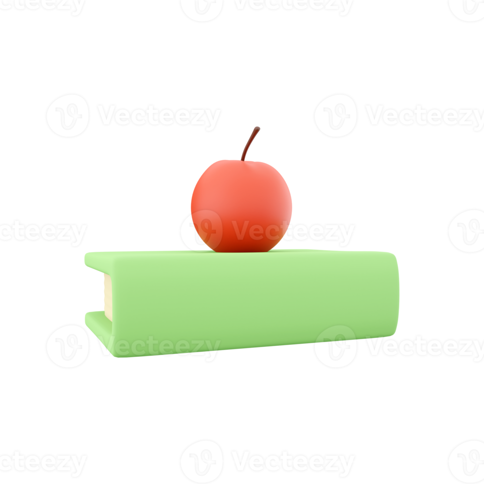 3D illustration of green book red apple on white background. Concept of minimalism. 3d rendering, icon png