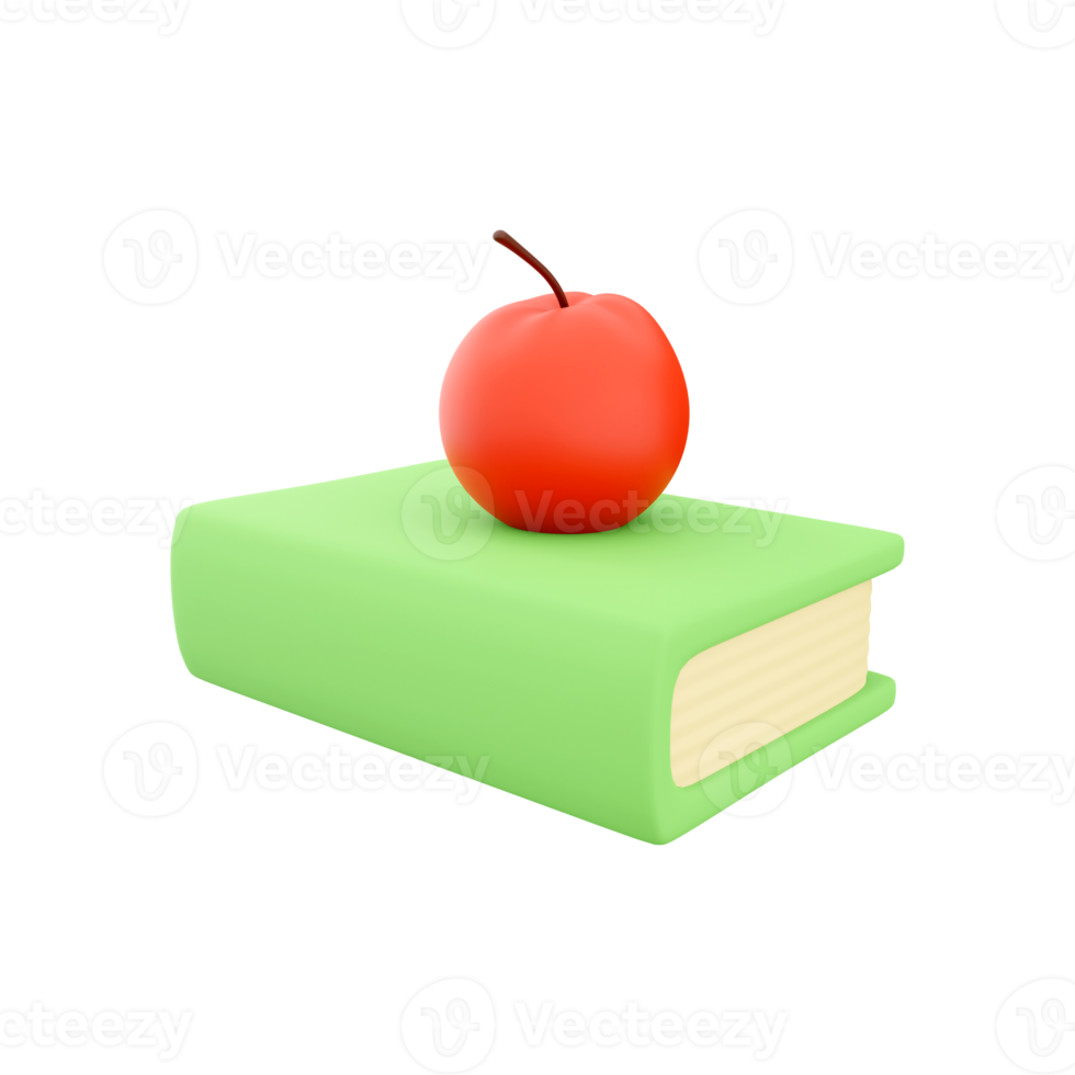 3D illustration of green book red apple on white background. Concept of minimalism. 3d rendering, icon png