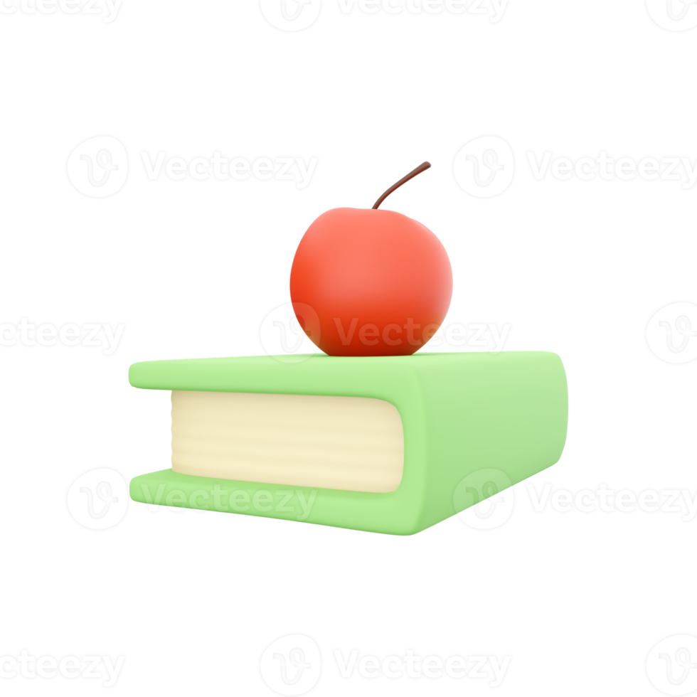 3D illustration of green book red apple on white background. Concept of minimalism. 3d rendering, icon png