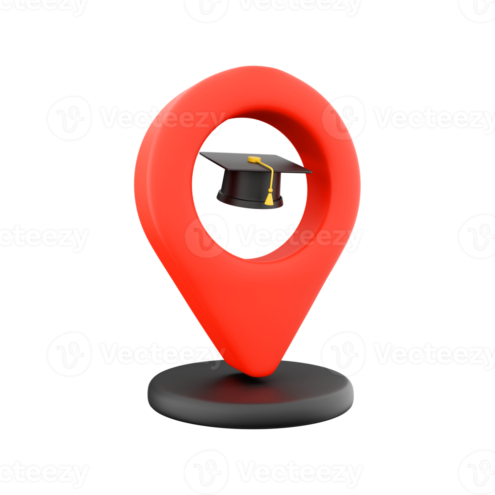 3D rendering Map pointer with education cap. 3D rendering isolated on white background. 3D rendering map pointer with education hat symbol. png