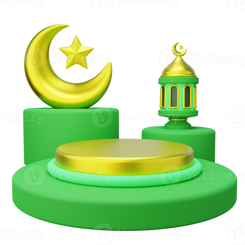 3D ramadan podium decorated with islamic lantern and crescent png
