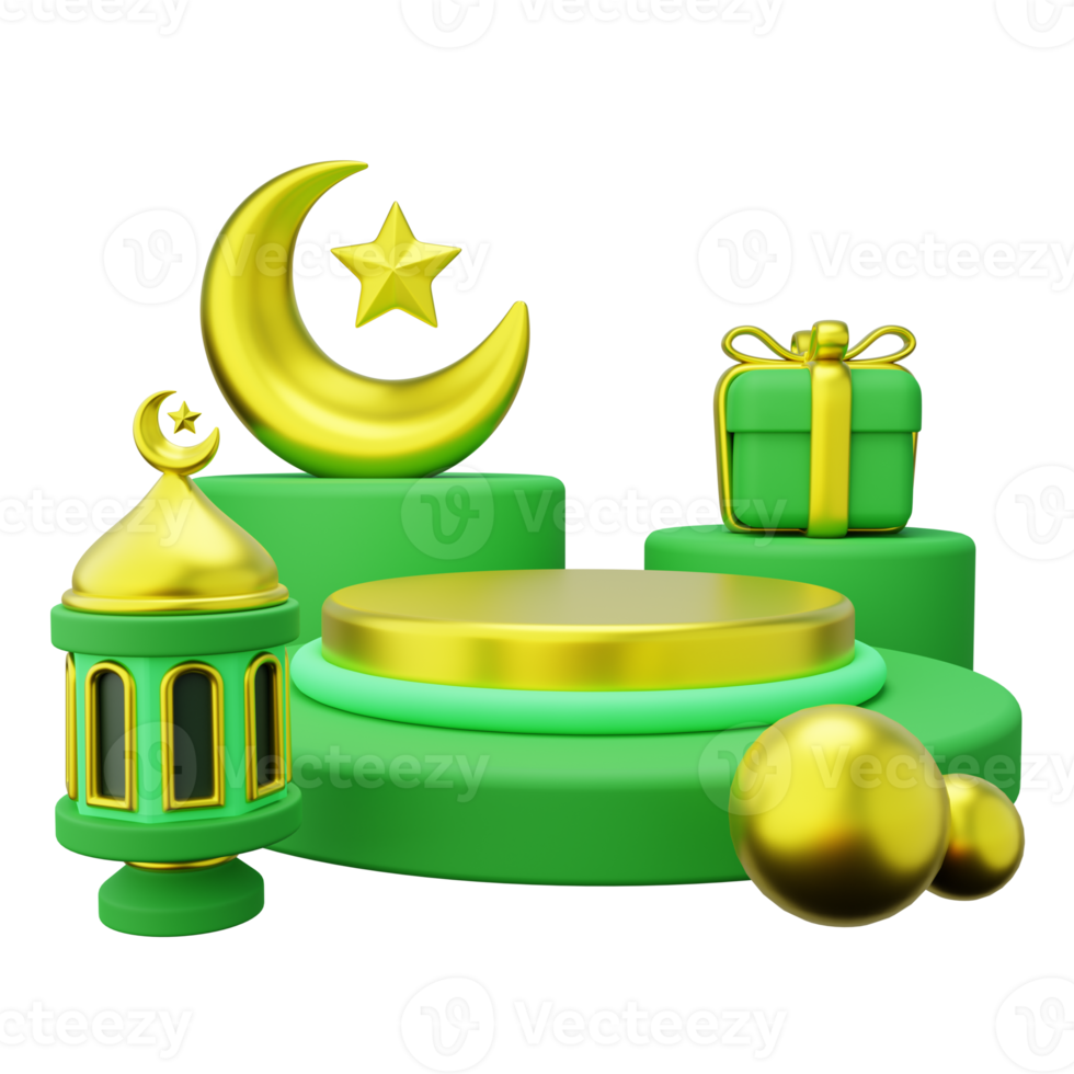 3D ramadan podium decorated with crescent, giftbox and lantern png