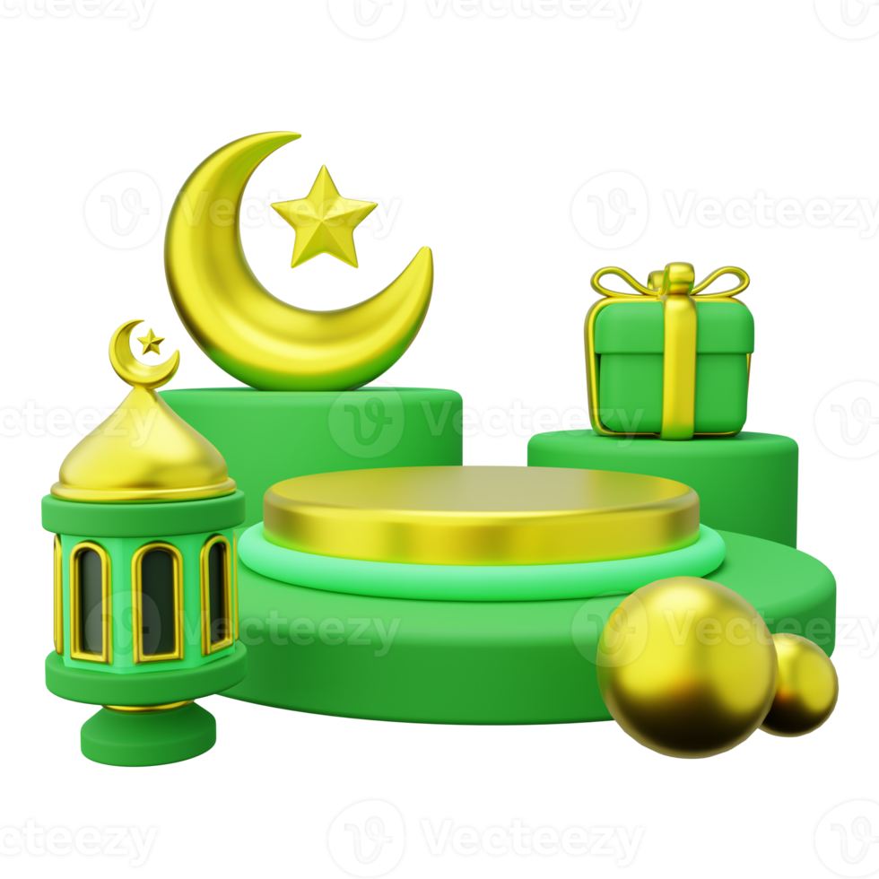 3d Ramadan podium versierd met halve maan, giftbox en lantaarn png