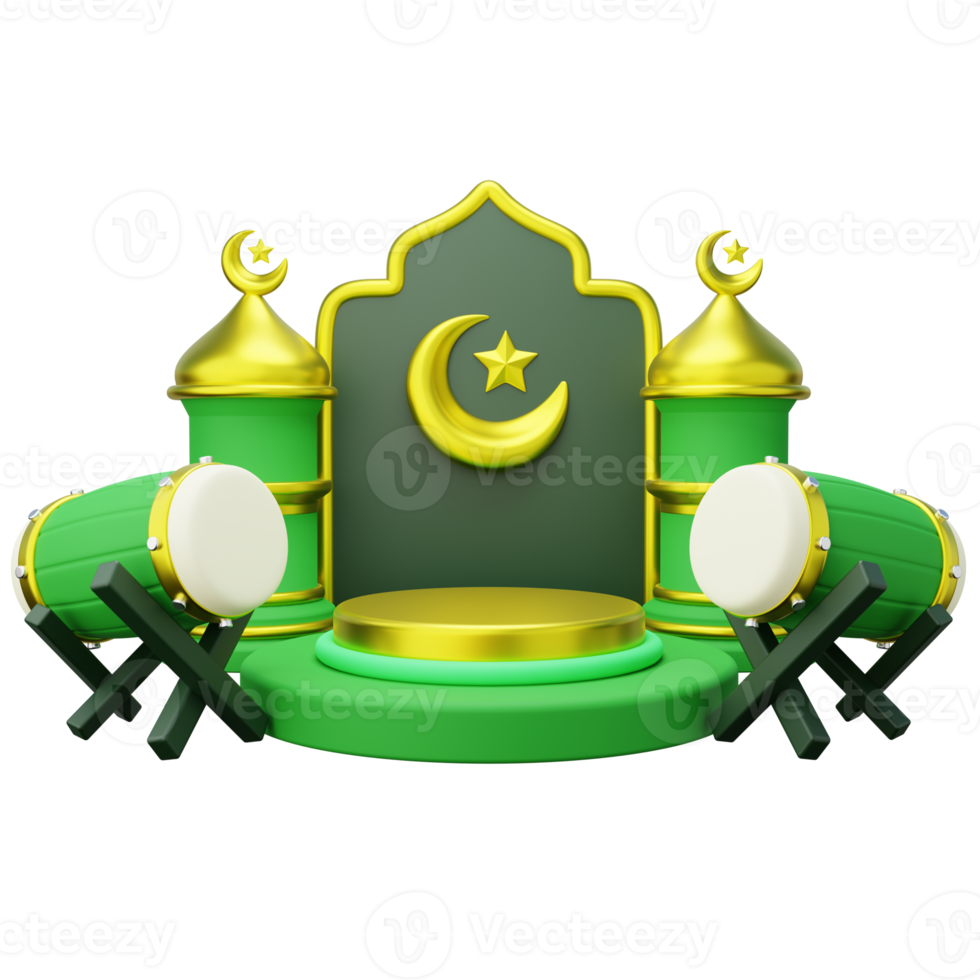 3D ramadan product podium decorated with islamic gate and bedug png