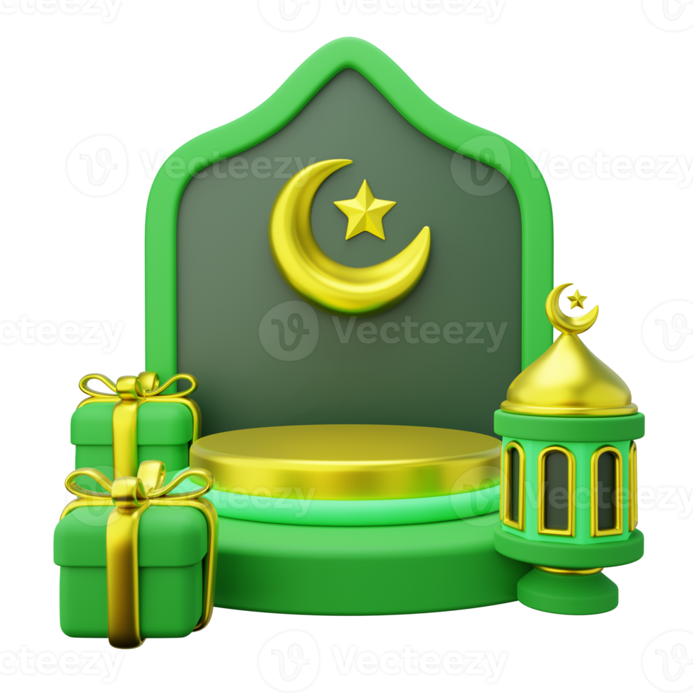 3d Ramadan podium versierd met Islamitisch poort, giftbox en lantaarn png