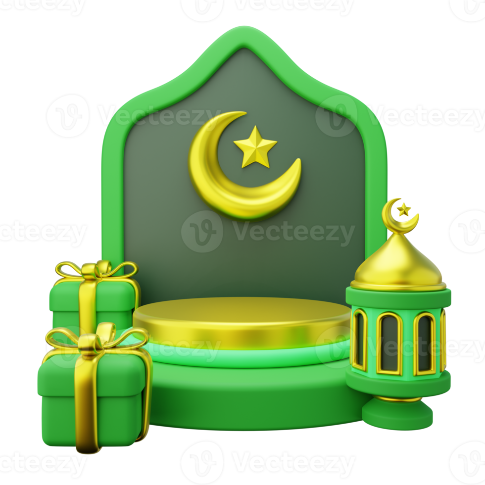 3D ramadan podium decorated with islamic gate, giftbox and lantern png