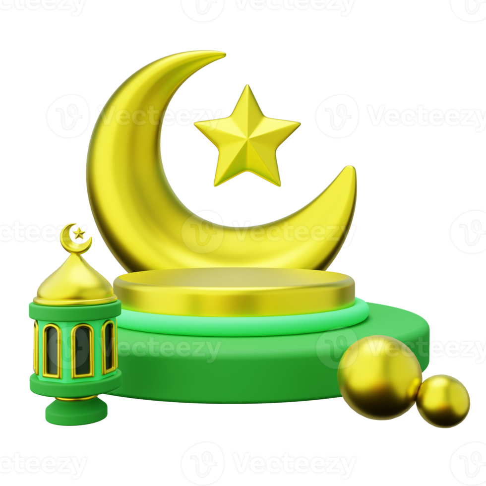 3D ramadan podium decorated with big crescent, lantern and ball png