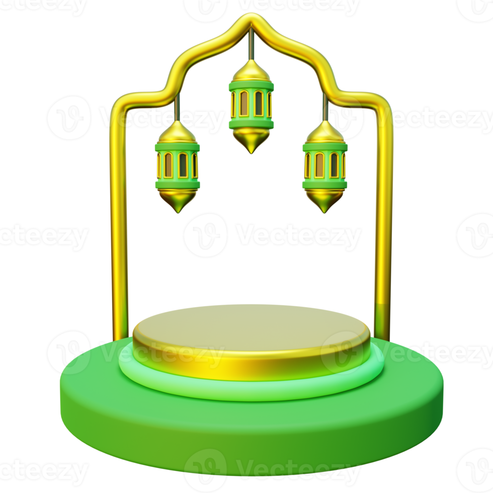 3D ramadan podium decorated with colorful lights and a traditional lantern png