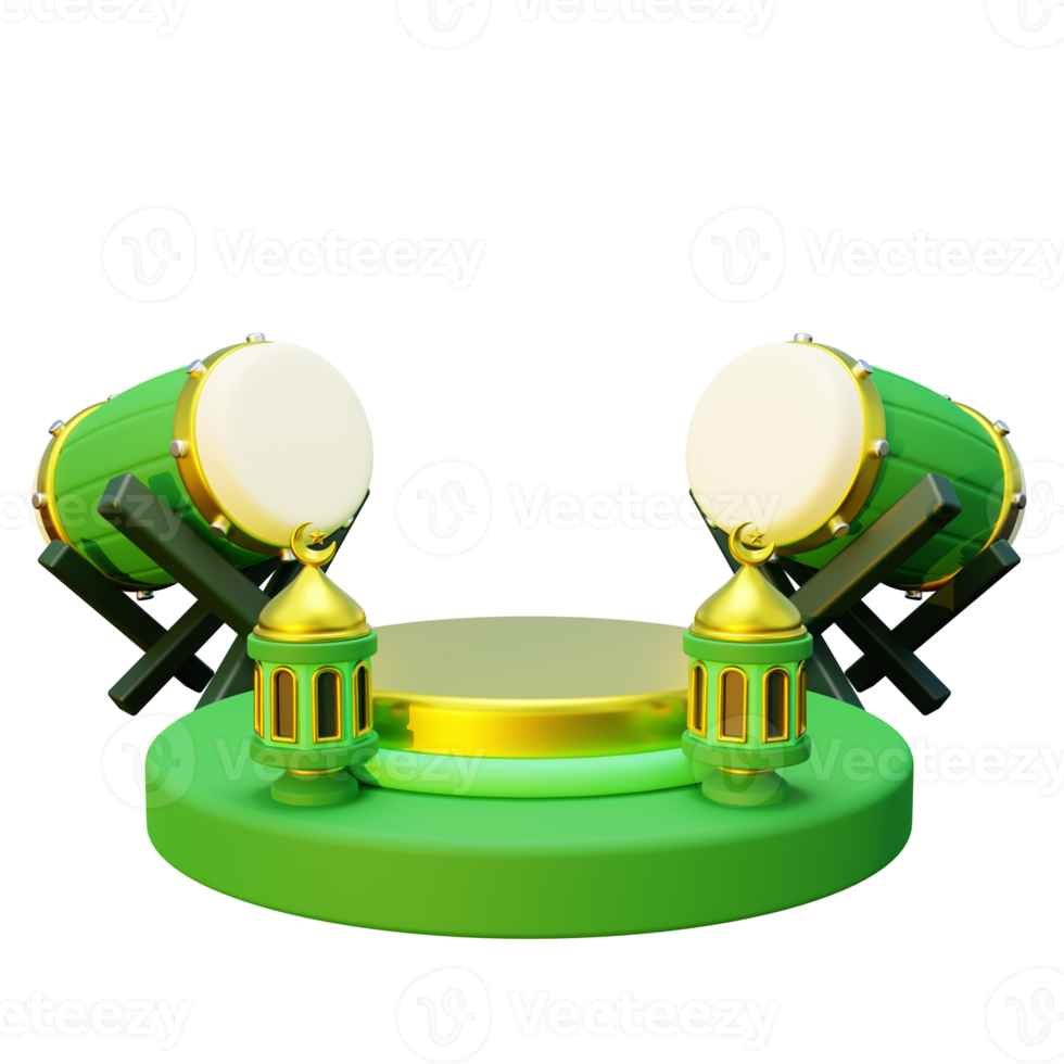 3D ramadan podium decorated with lantern and bedug png