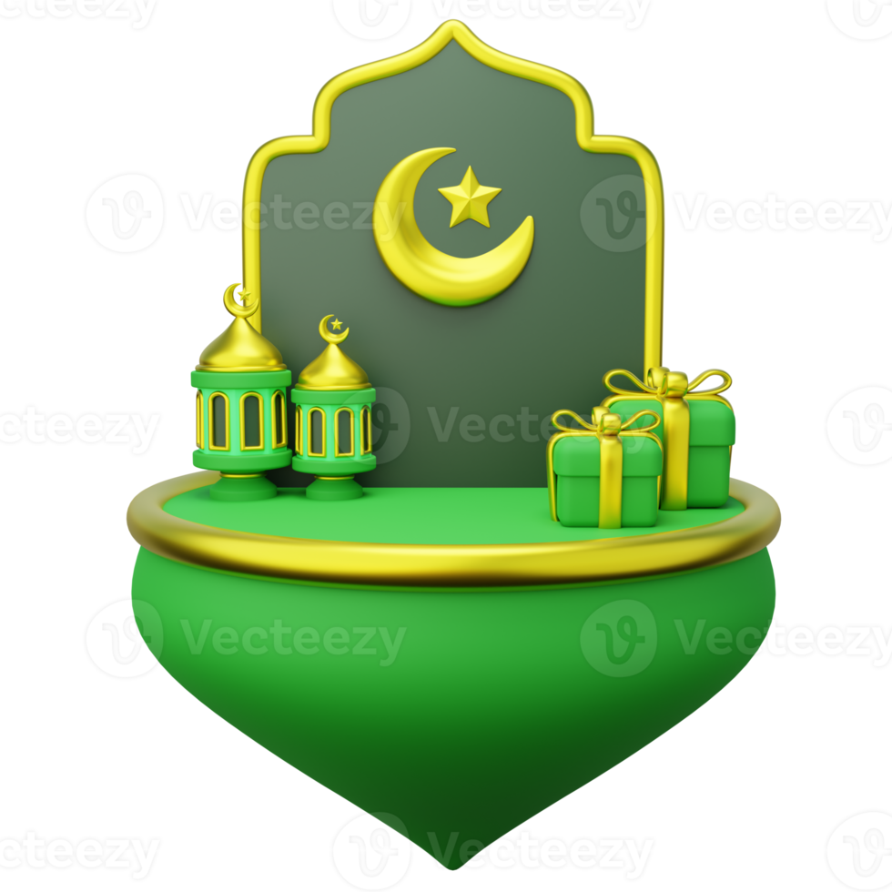3D ramadan floated product podium decorated with islamic gate, lantern and giftbox png