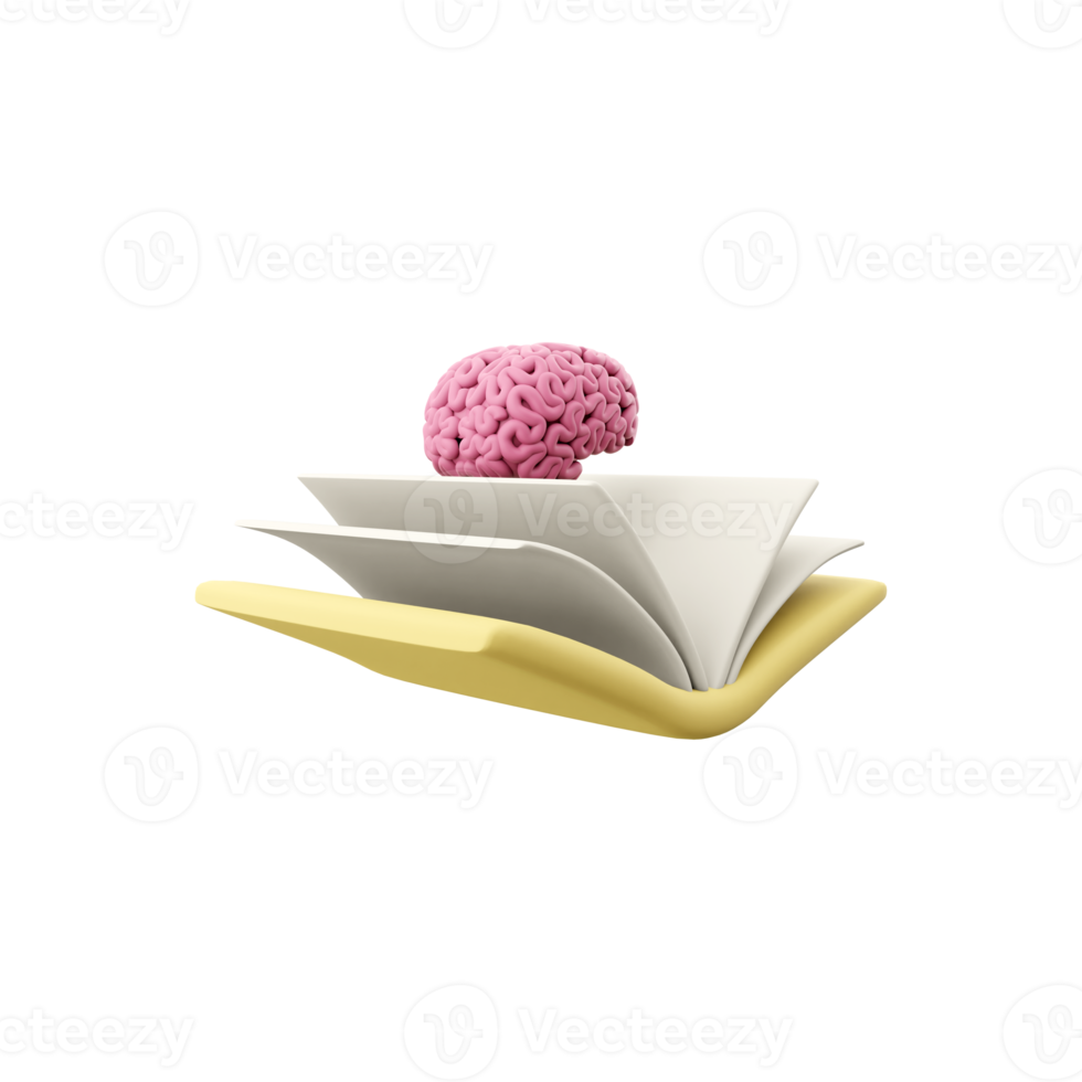 3d rendered brain in book. 3d renderbook in brain icon, 3d illustration, kids educational design, graphic design, books. png