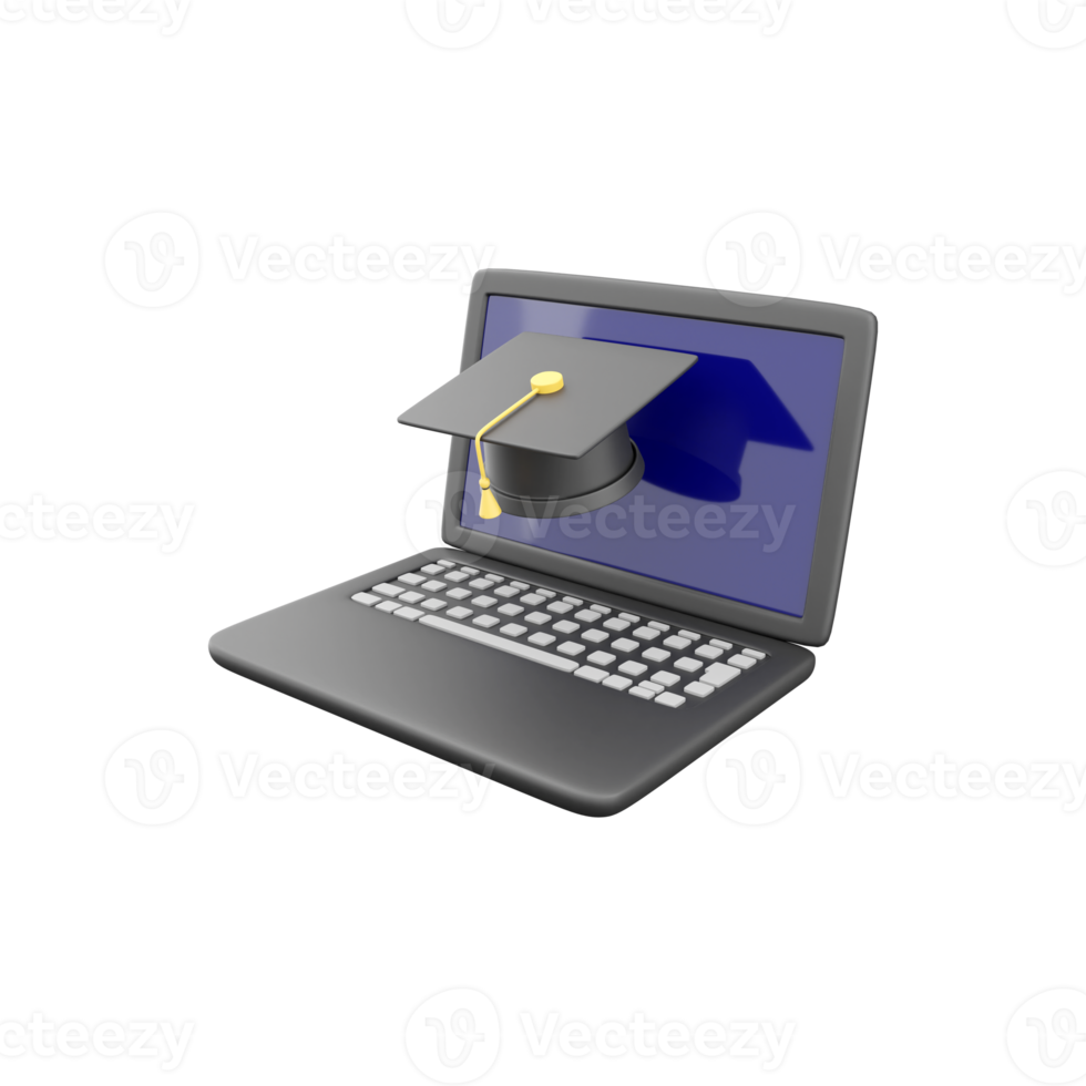 Laptop and Graduation Hat 3D Illustration. 3D render laptop, graduate hat Icon on white background. png