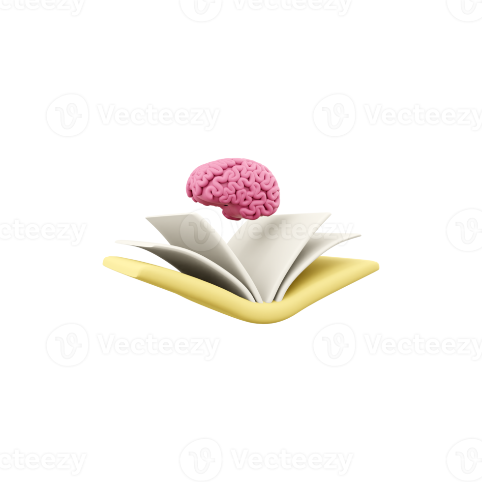 3d rendered brain in book. 3d renderbook in brain icon, 3d illustration, kids educational design, graphic design, books. png