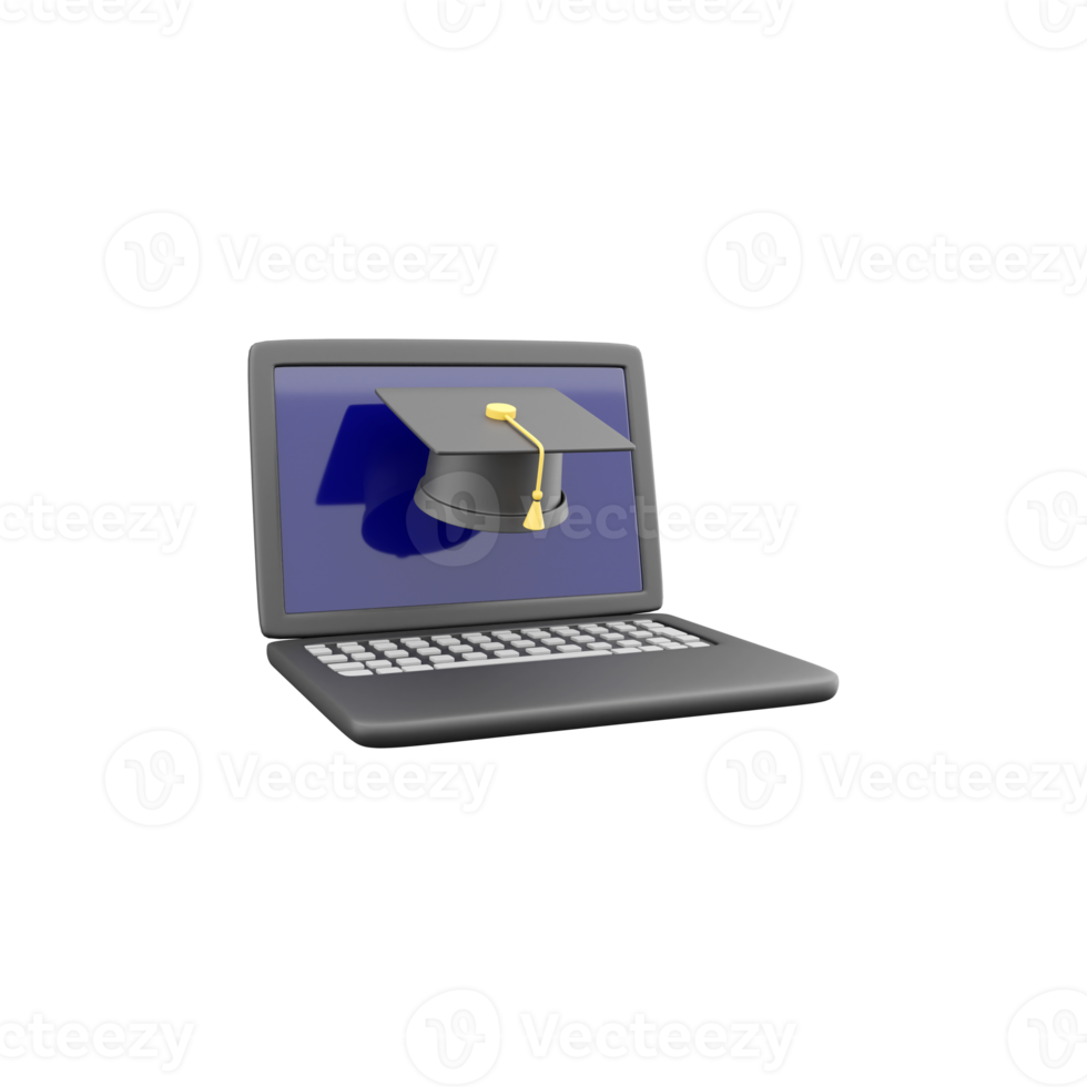 Laptop and Graduation Hat 3D Illustration. 3D render laptop, graduate hat Icon on white background. png