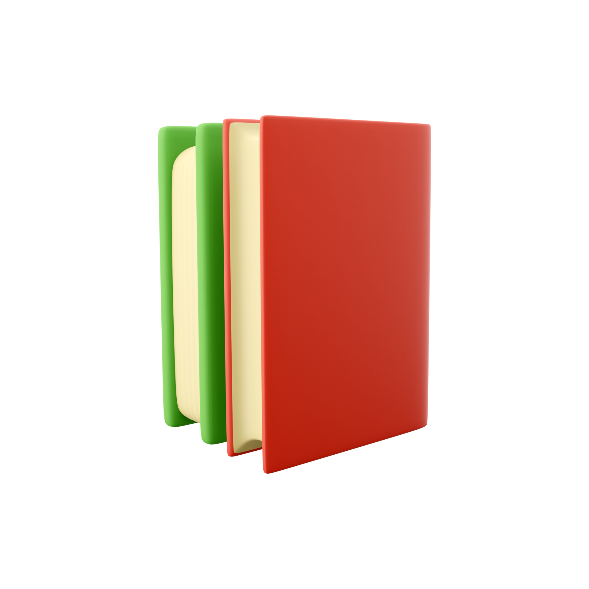 Free 3D rendering Two books isolated on white background. Minimalist concept. Green red books
