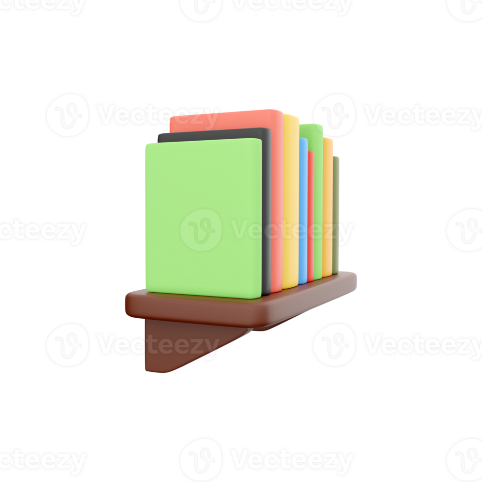 3D rendering of books on a shelf in different colors. 3d rendering, books, bookshelf icon png