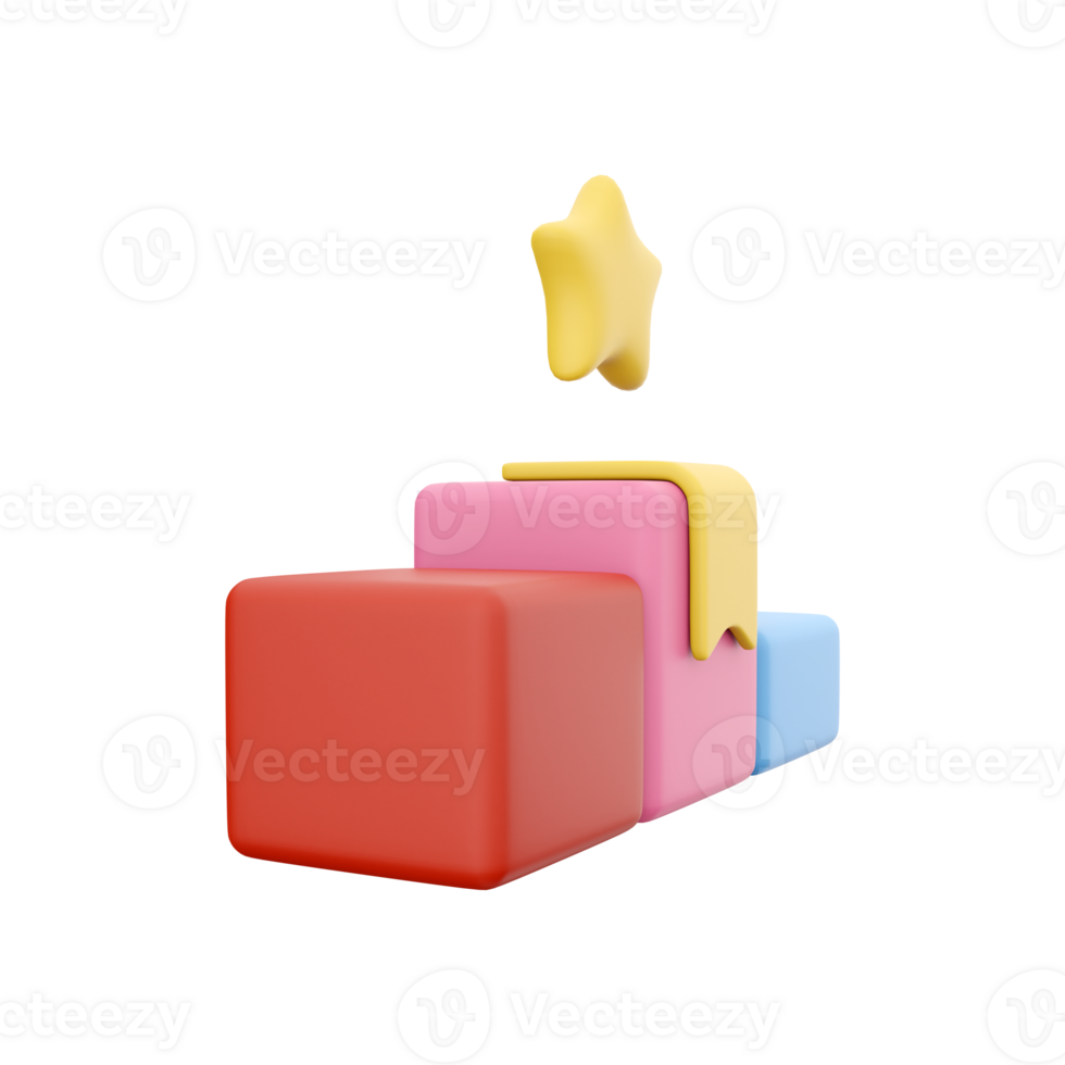 3D rendering Winners podium with trophies, gold winners and gold stars. Ceremonial pedestal caricature style awards for first, second and third place. 3d rendering winners podium icon png