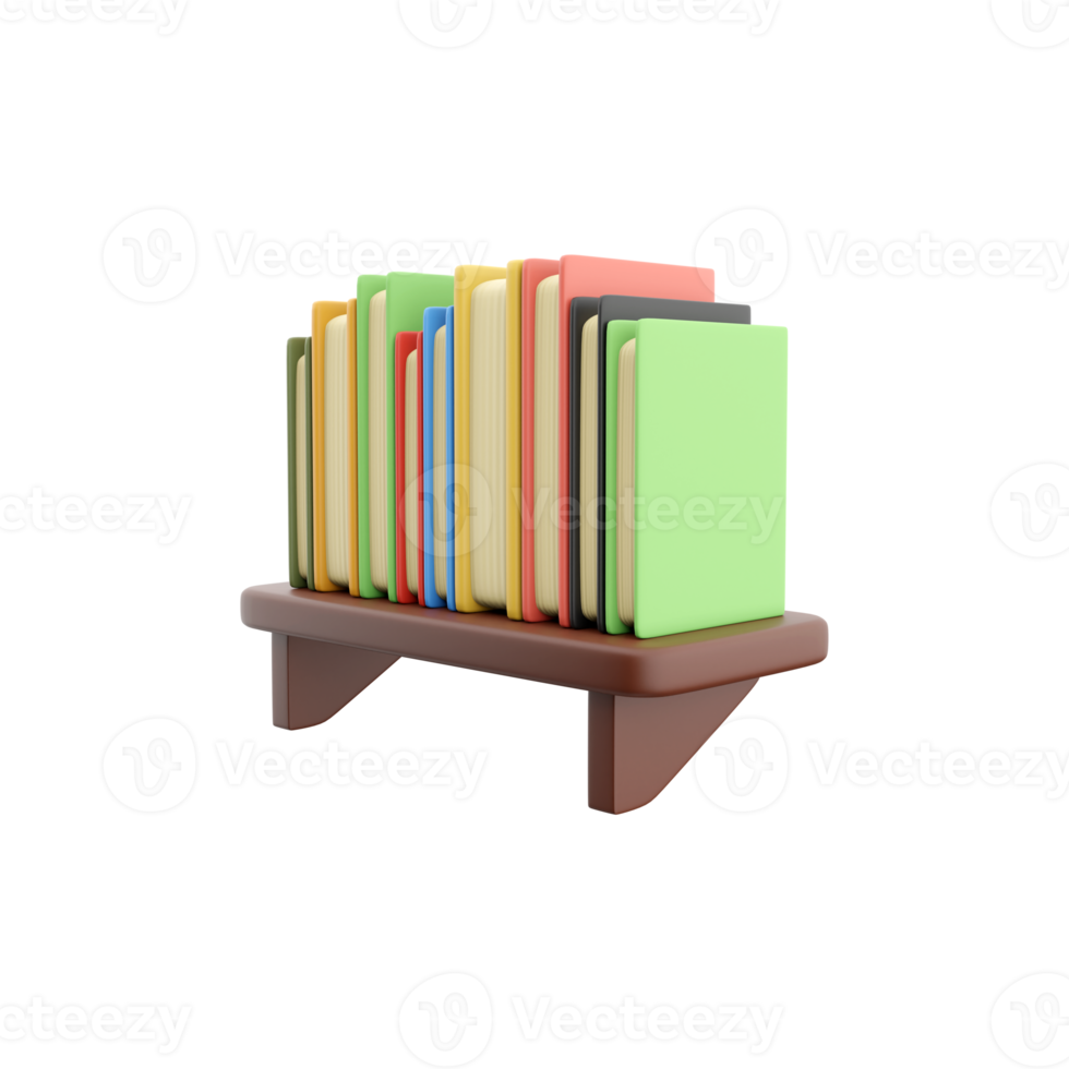 3D rendering of books on a shelf in different colors. 3d rendering, books, bookshelf icon png