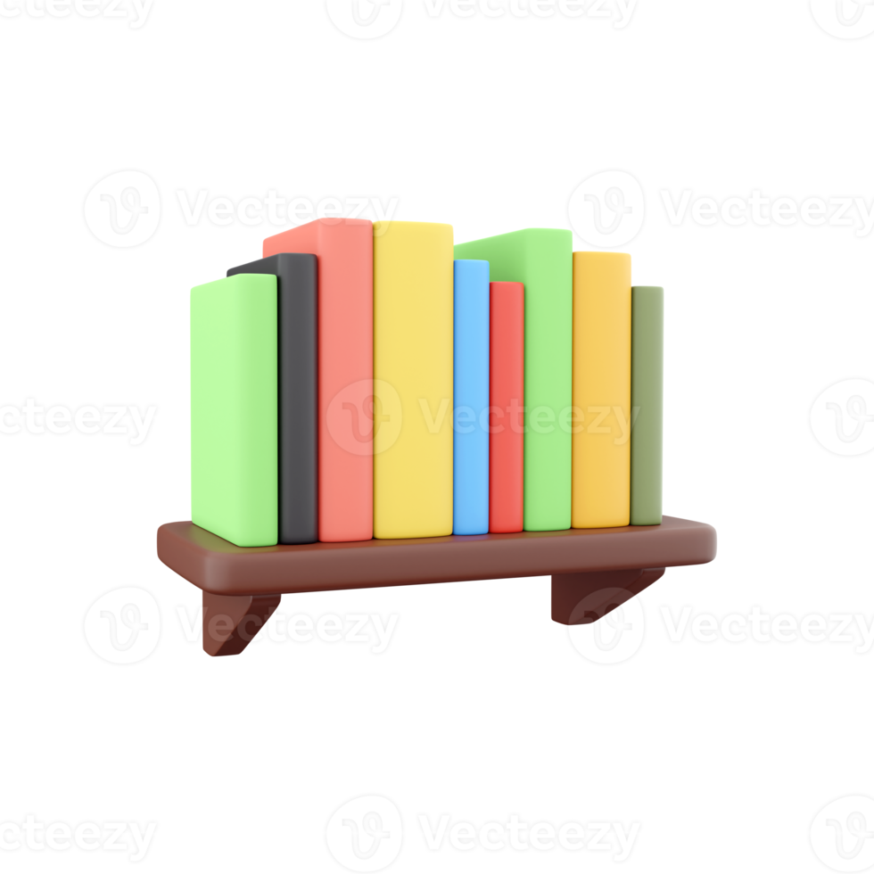 3D rendering of books on a shelf in different colors. 3d rendering, books, bookshelf icon png