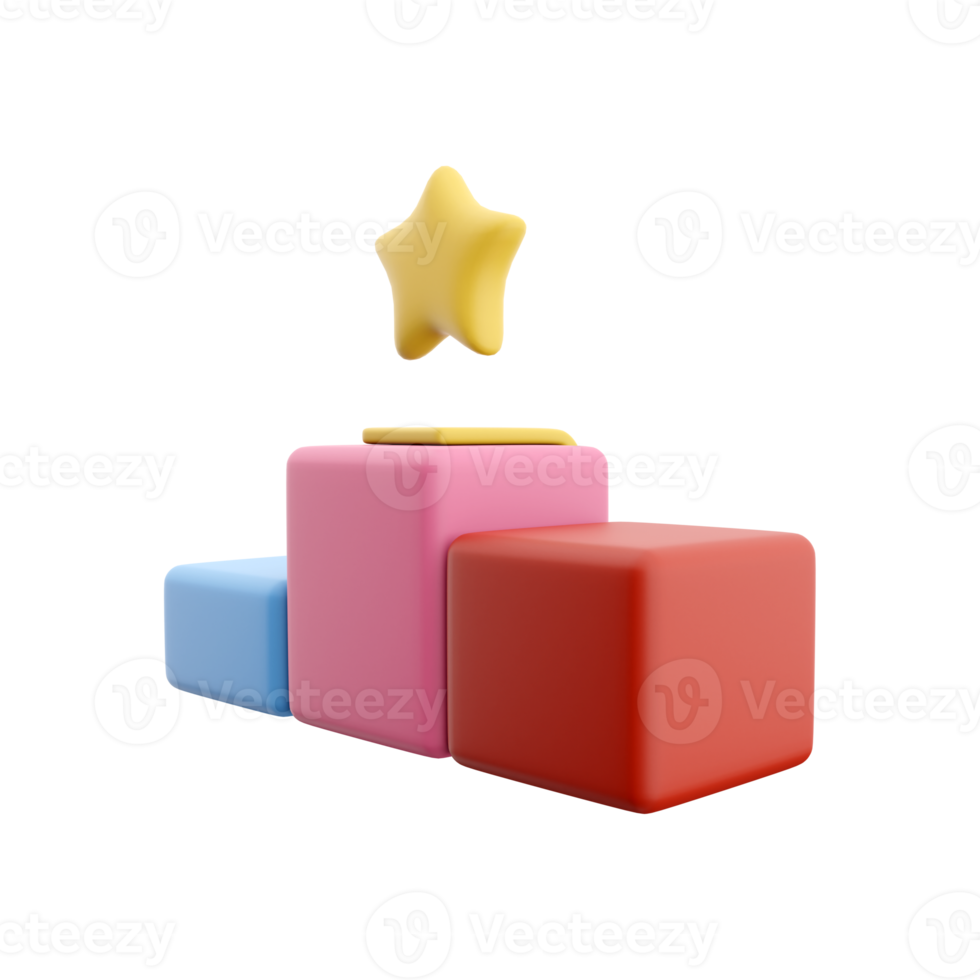 3D rendering Winners podium with trophies, gold winners and gold stars. Ceremonial pedestal caricature style awards for first, second and third place. 3d rendering winners podium icon png