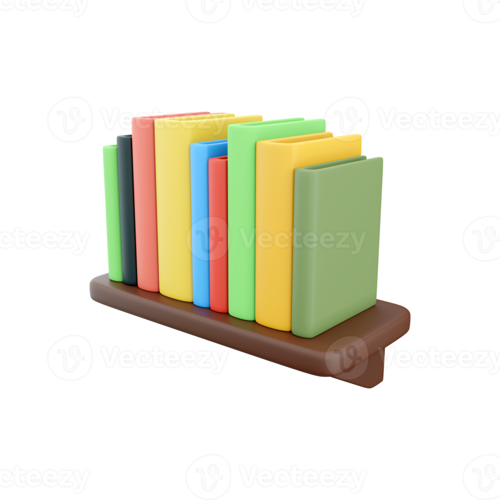 3D rendering of books on a shelf in different colors. 3d rendering, books, bookshelf icon png