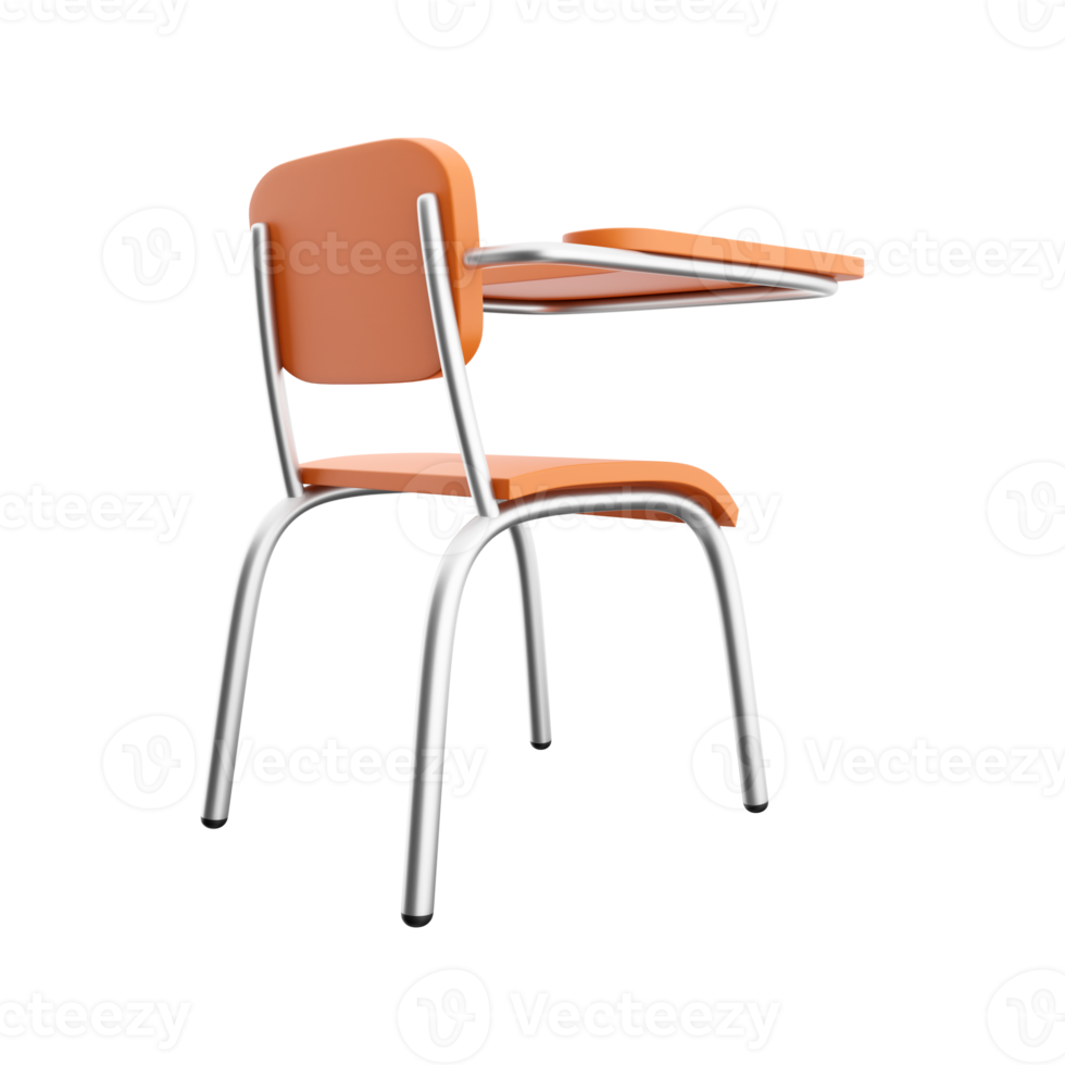 3D rendering of school or college desk with chair isolated on white background. A piece of wooden furniture. 3D rendering of a school desk, icon png