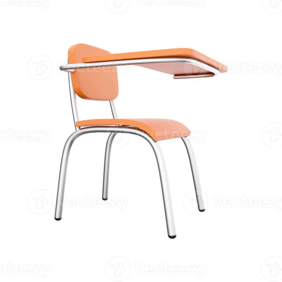 3D rendering of school or college desk with chair isolated on white background. A piece of wooden furniture. 3D rendering of a school desk, icon png