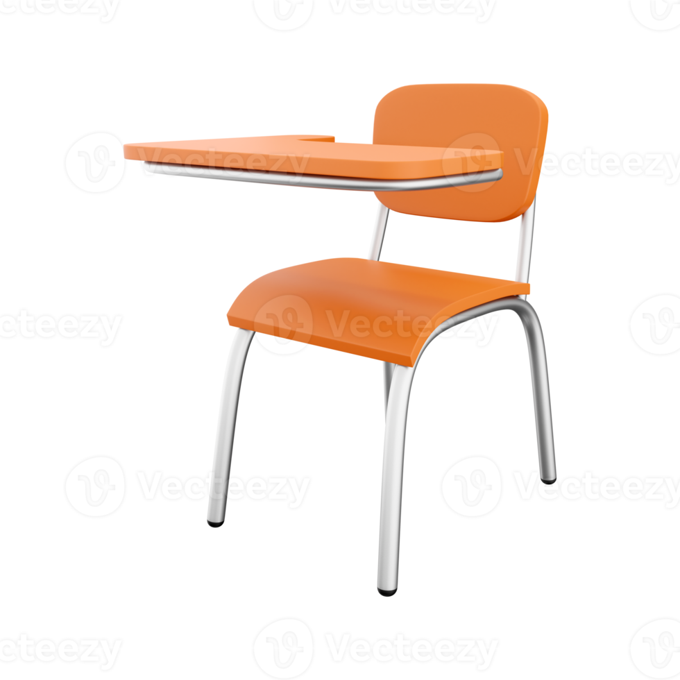 3D rendering of school or college desk with chair isolated on white background. A piece of wooden furniture. 3D rendering of a school desk, icon png