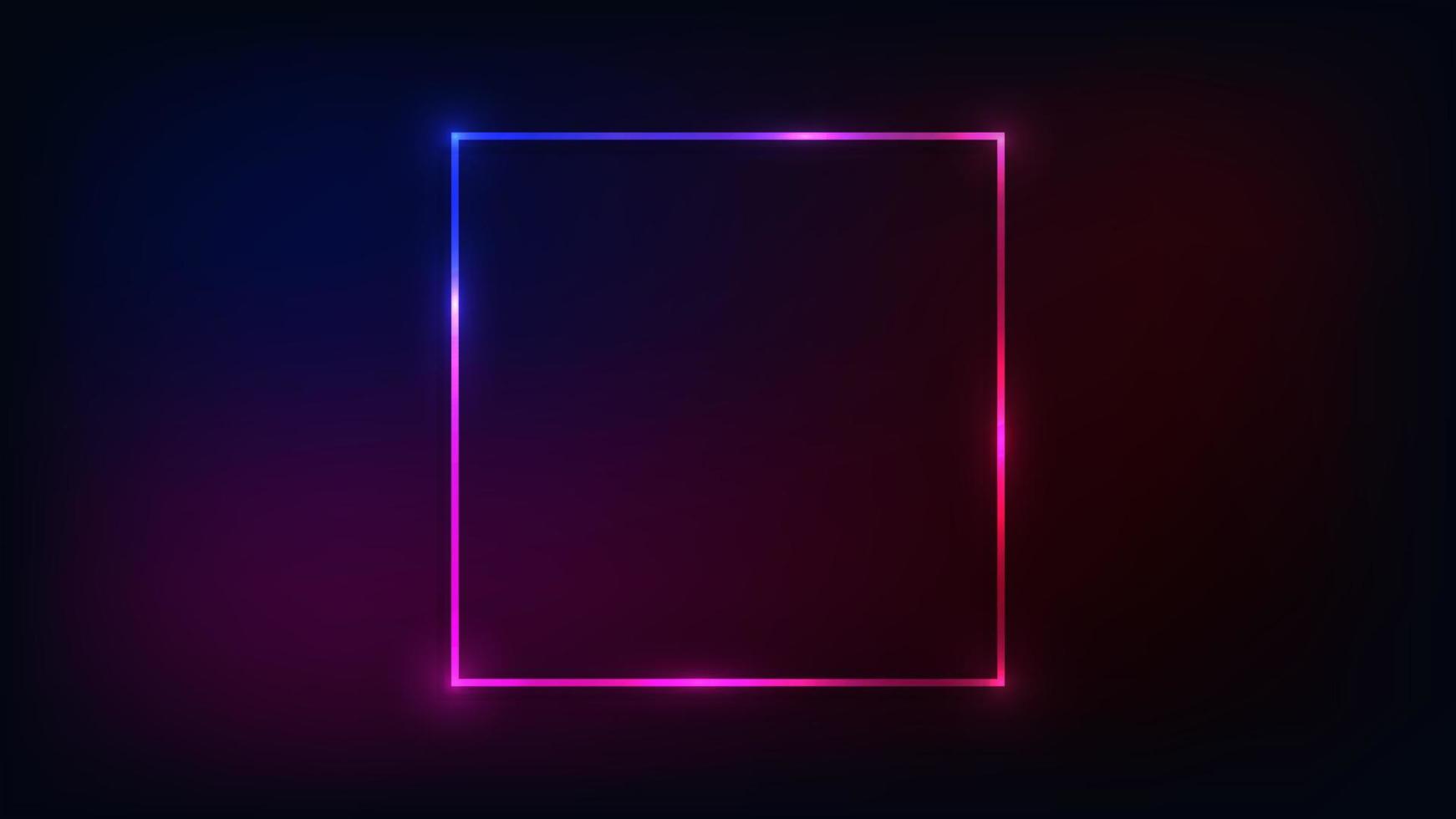 Neon square frame with shining effects on dark background. Empty glowing techno backdrop. Vector illustration.