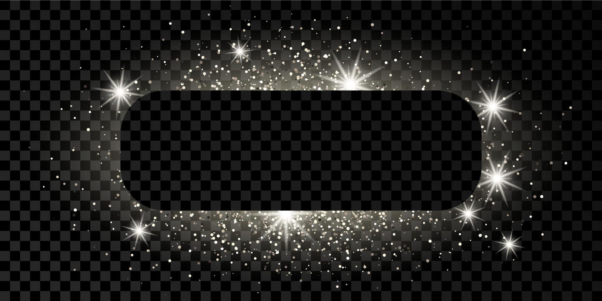 Silver rounded rectangle frame with glitter, sparkles and flares on dark vector