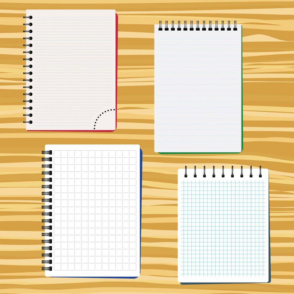 Four notebooks on a wooden table. Vector illustration