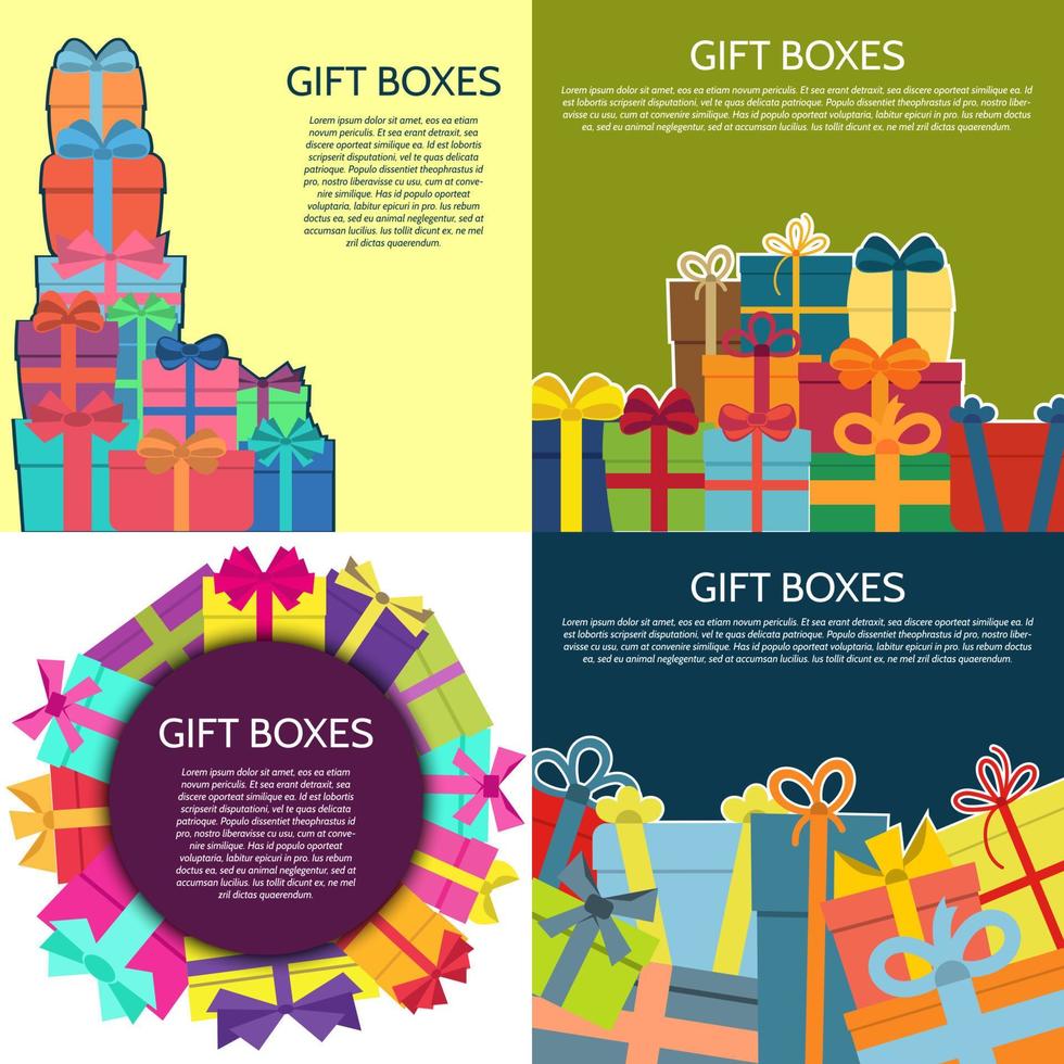 conjunto de cuatro fondos con cajas de regalo de colores. ilustración vectorial vector