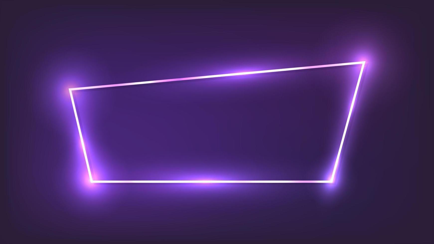 Neon trapezoid frame with shining effects on dark background. Empty glowing techno backdrop. Vector illustration.