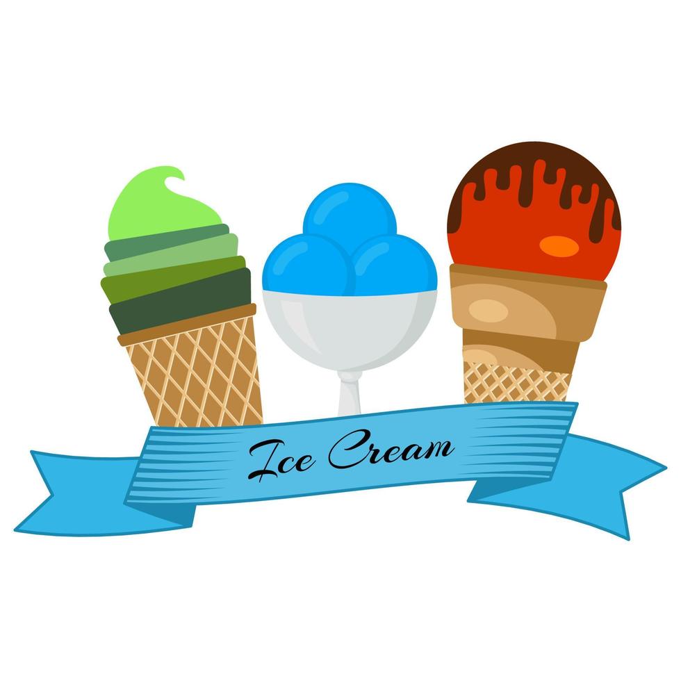 Three different ice cream wrapped in blue ribbon with the inscription ice cream. Vector illustration