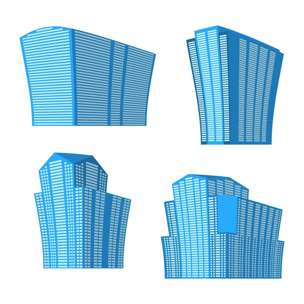 Set of four modern high-rise building on a white background. View of the building from the bottom. Isometric vector illustration.