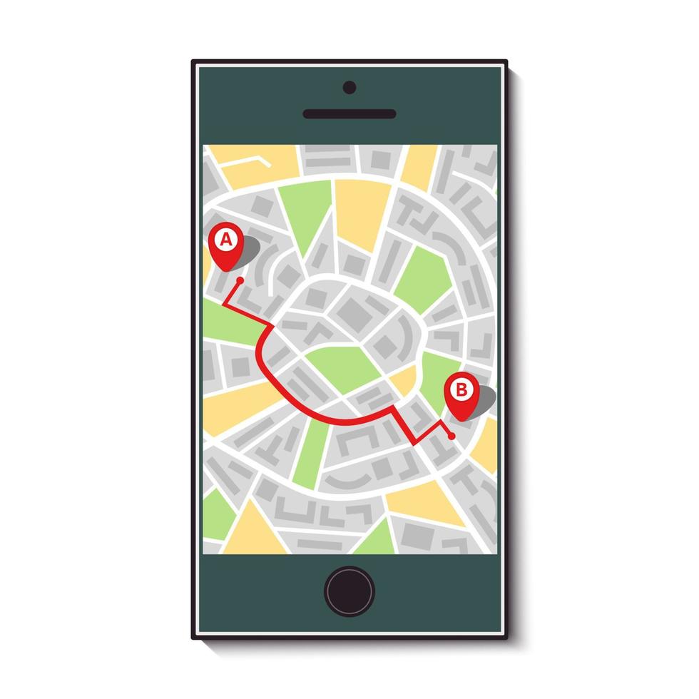 Mobile phone with a map of the city and the route from point A to point B. Vector illustration