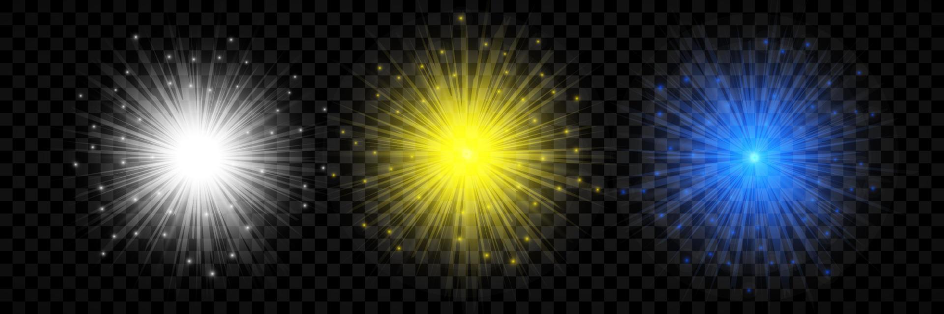 Light effect of lens flares. Set of three white, yellow and blue glowing lights starburst effects with sparkles vector