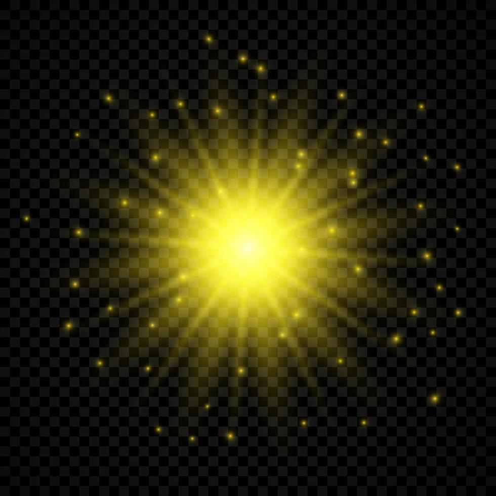 efecto de luz de destellos de lente. luces brillantes amarillas efectos de estallido estelar con destellos vector