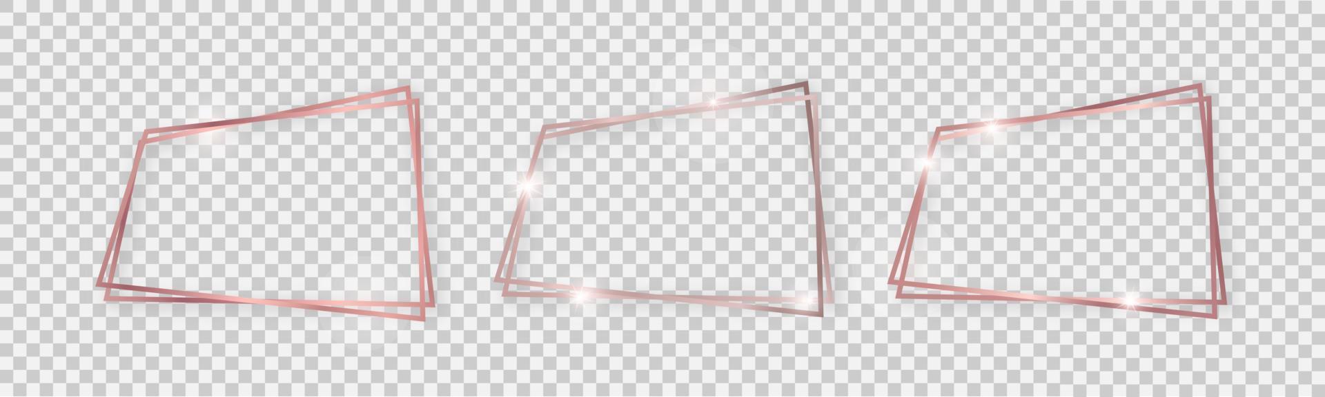 Double shiny frames with glowing effects. Set of three rose gold double frames with shadows vector