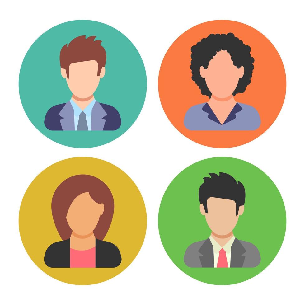 Set of four men and women icons on colorful circles. People icon in flat style. Vector illustration