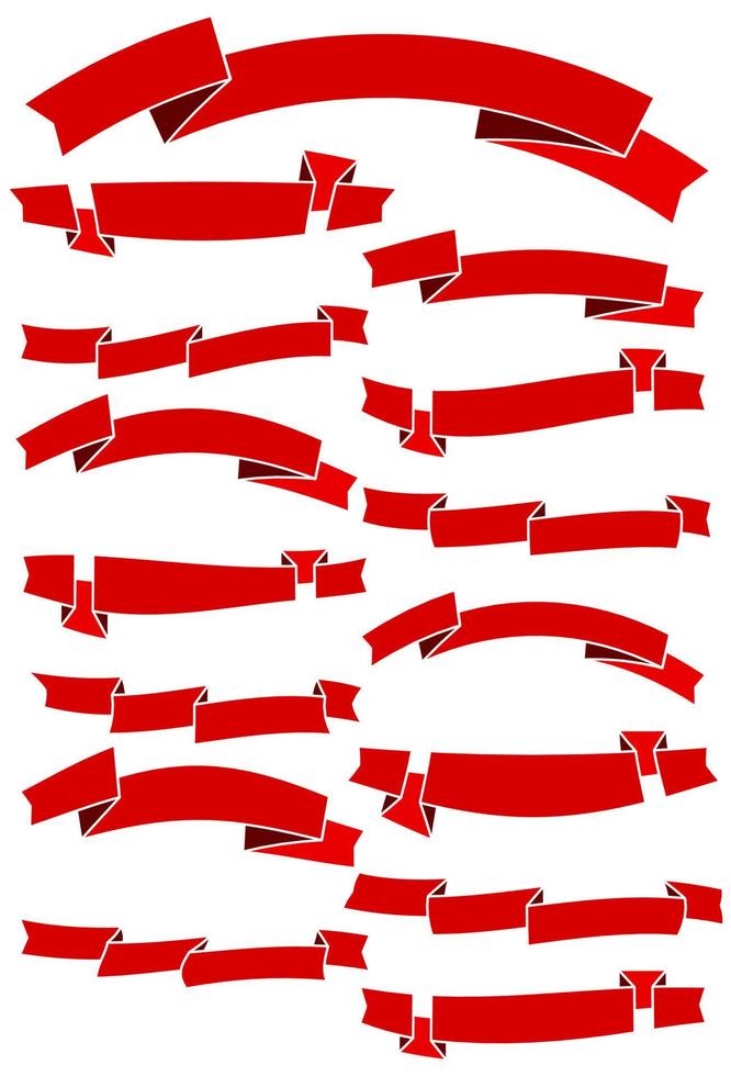 Set of fifteen red cartoon ribbons for web design. Great design element isolated on white background. Vector illustration.